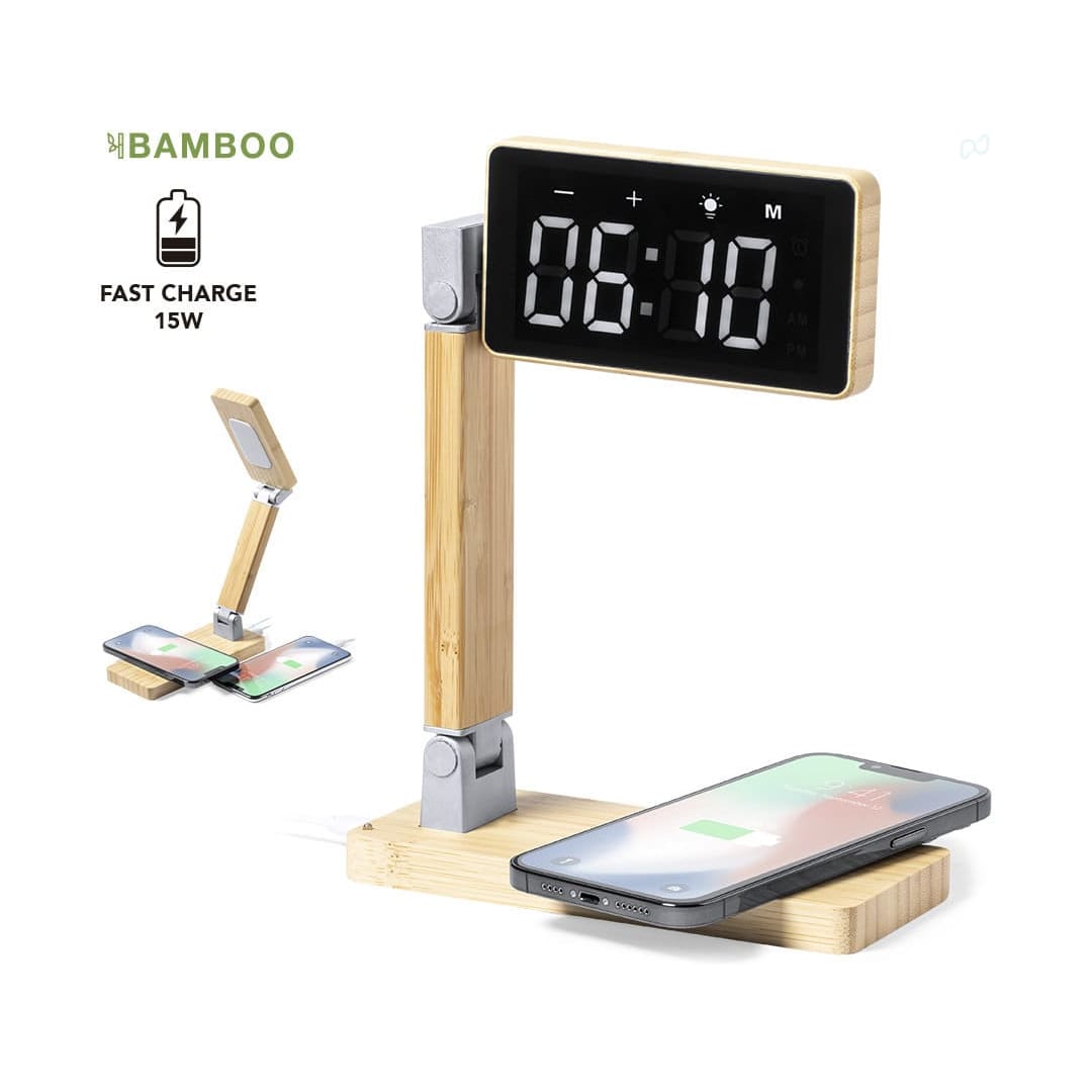 A multifunctional alarm clock made of bamboo with a digital display and a wireless charging base for phones. Edres Multifunction Alarm Clock - Image 1