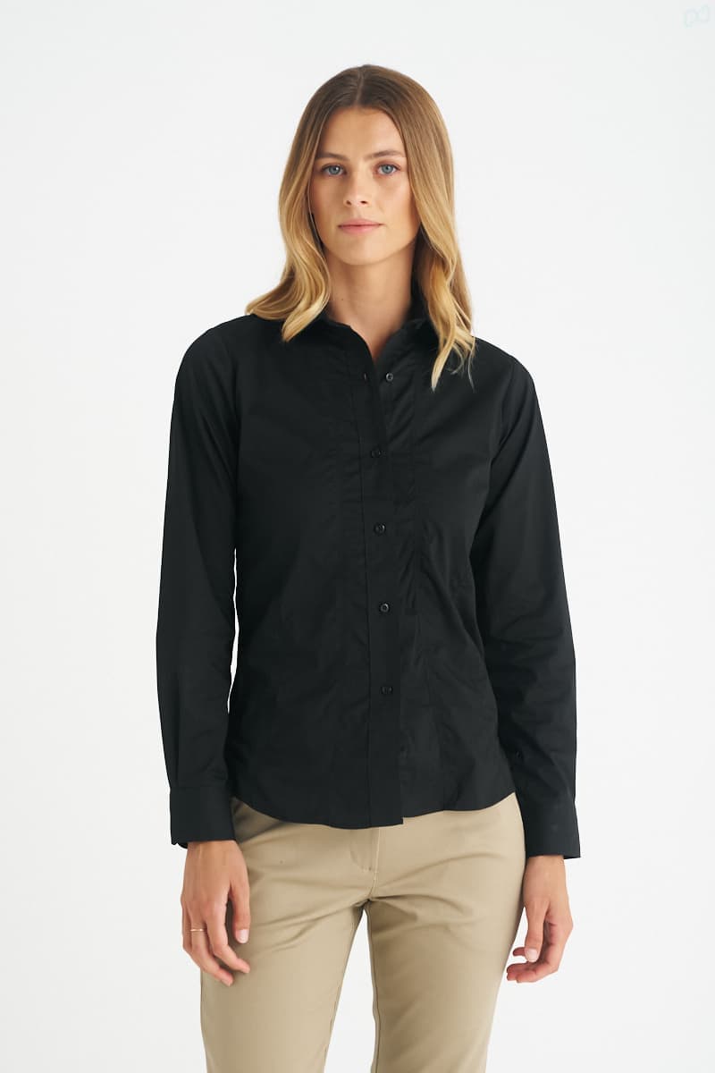 A black long sleeve button-up shirt for women, featuring a collared design and a branded logo. Aston - Ladies Long Sleeve Shirt - Image 1