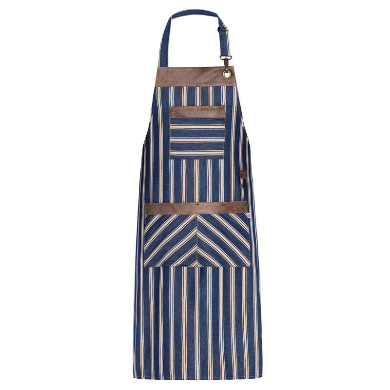 A blue and white striped apron featuring pocket details and a logo. Oregon Apron - Image 1