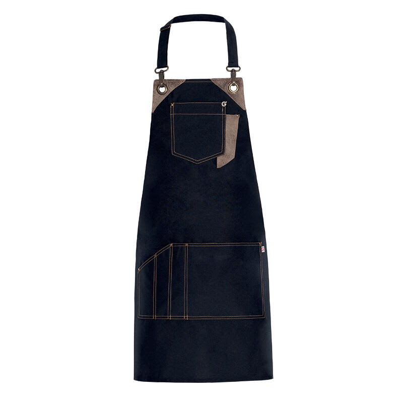 A navy blue apron with various pockets and brown detailing, featuring a logo near the top. Picasso Apron - Image 1