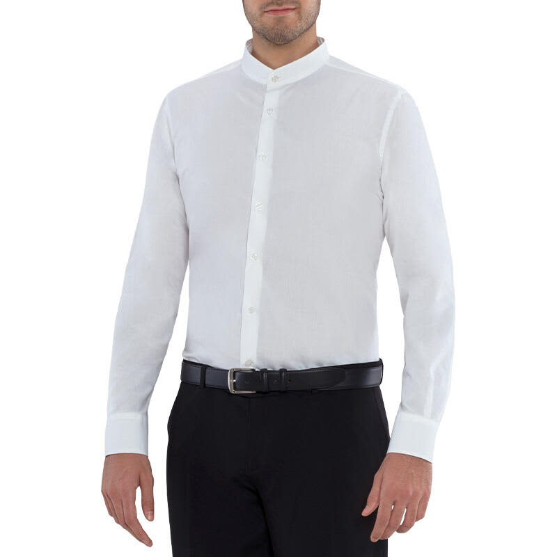 A white long-sleeved shirt with a mandarin collar, featuring buttons down the front and a belt worn with black pants. Novak Shirt - Image 1