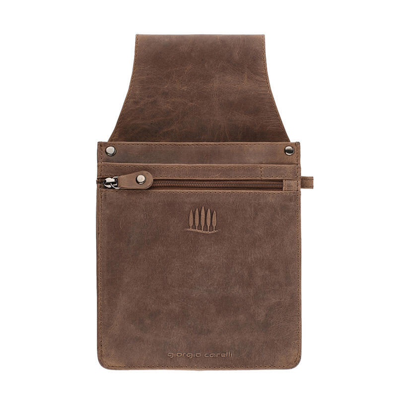 A brown leather pouch wallet with a zip pocket and a logo on the front. Pouch Wallet (Leather) - Image 1