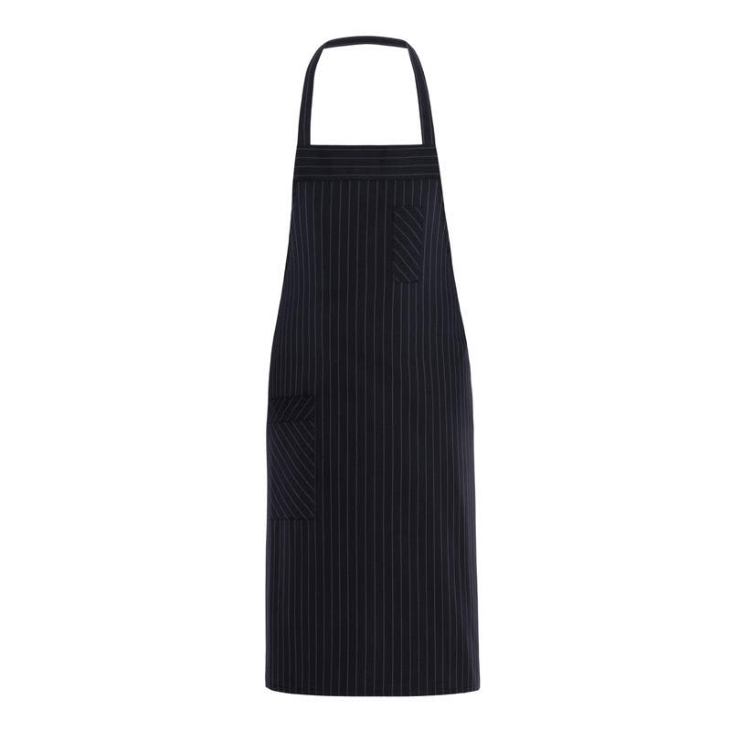 A black and white striped apron with a pocket, featuring a logo at the top. Louvre Apron - Image 1