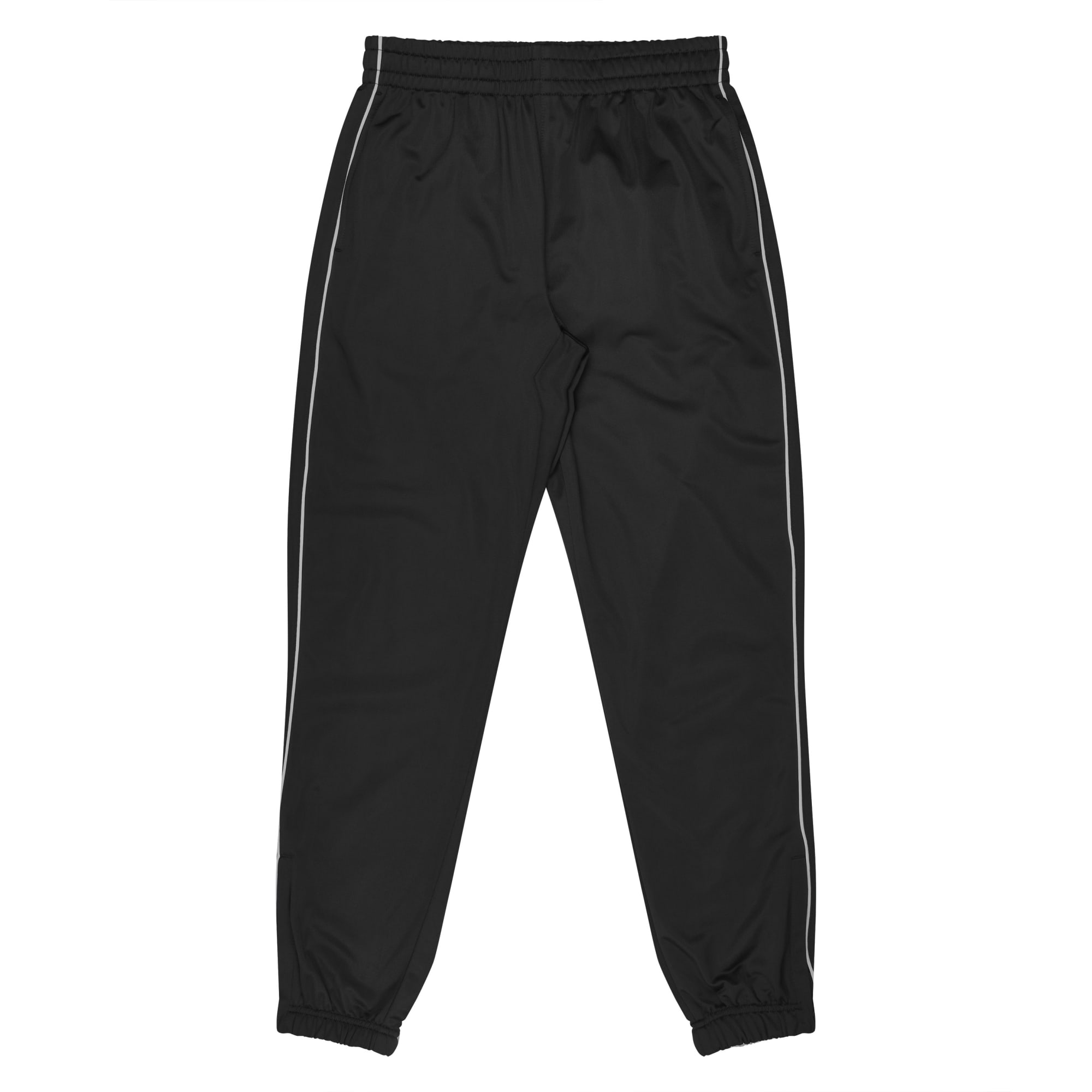 Black pants with a relaxed fit, featuring elastic cuffs and a contrasting side trim. Includes a logo on the waistband. LIVERPOOL MENS PANTS RUNOUT - Image 1
