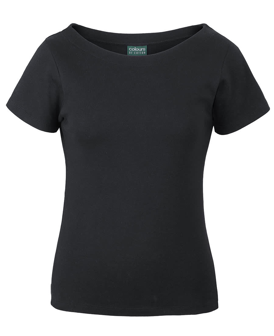 A black boat neck t-shirt made of soft fabric, featuring short sleeves and a fitted design. It has a logo tag. C of C Ladies S/S Boat Neck Tee - Image 1