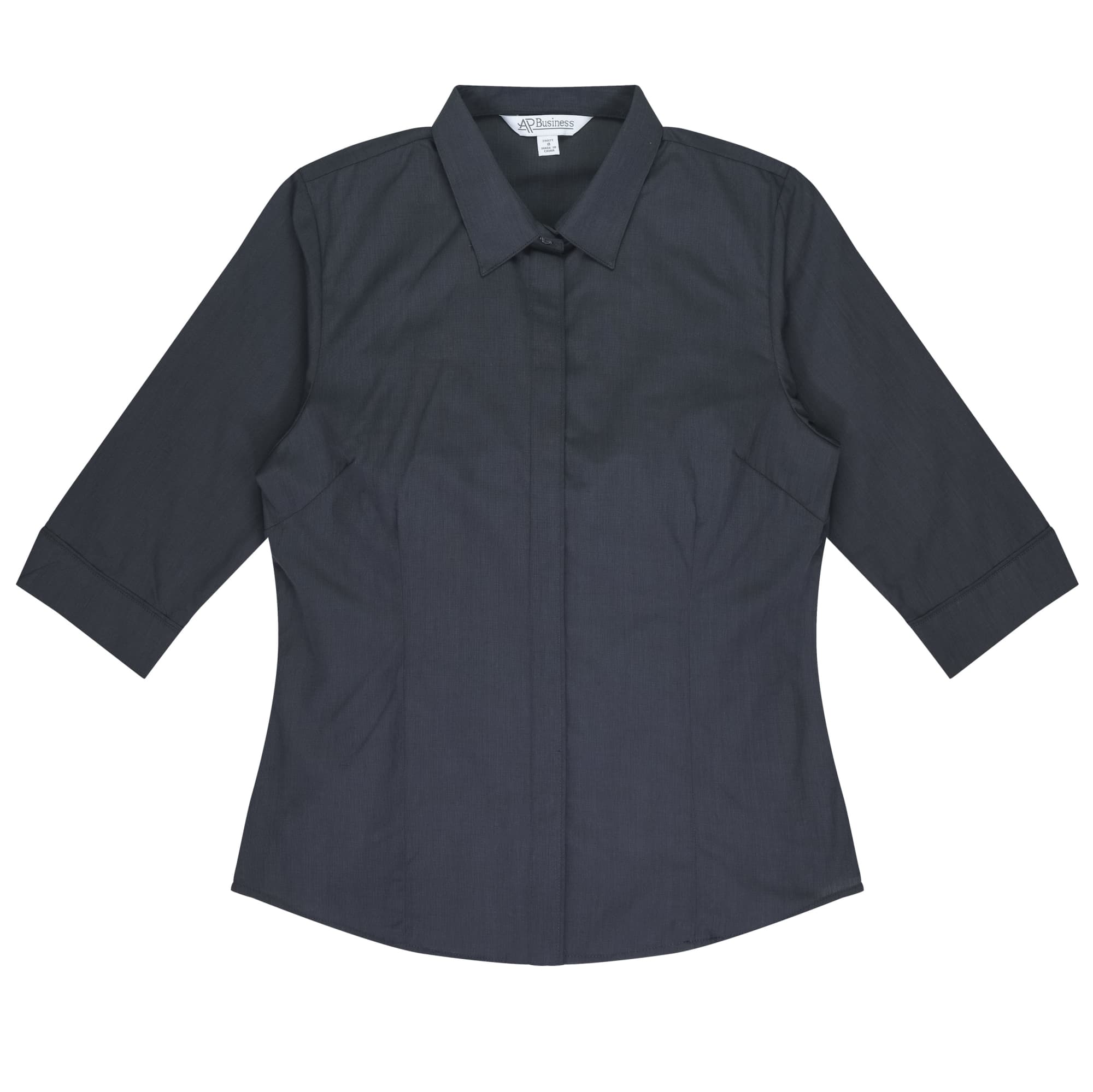 A dark grey button-up shirt with 3/4 sleeves and a collar. It features a branding logo. GRANGE LADY SHIRT 3/4 SLEEVE RUNOUT - Image 1