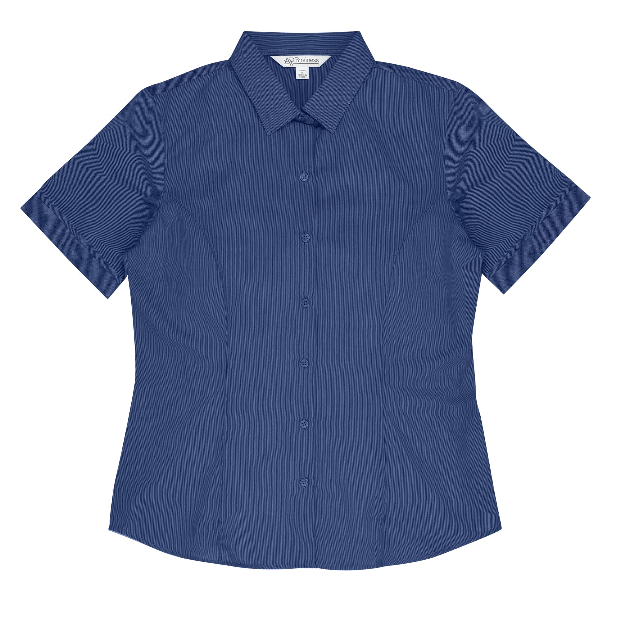 A blue short-sleeve button-up shirt with a fitted design and a collar, featuring a branding logo. BELAIR LADY SHIRT SHORT SLEEVE RUNOUT - Image 1