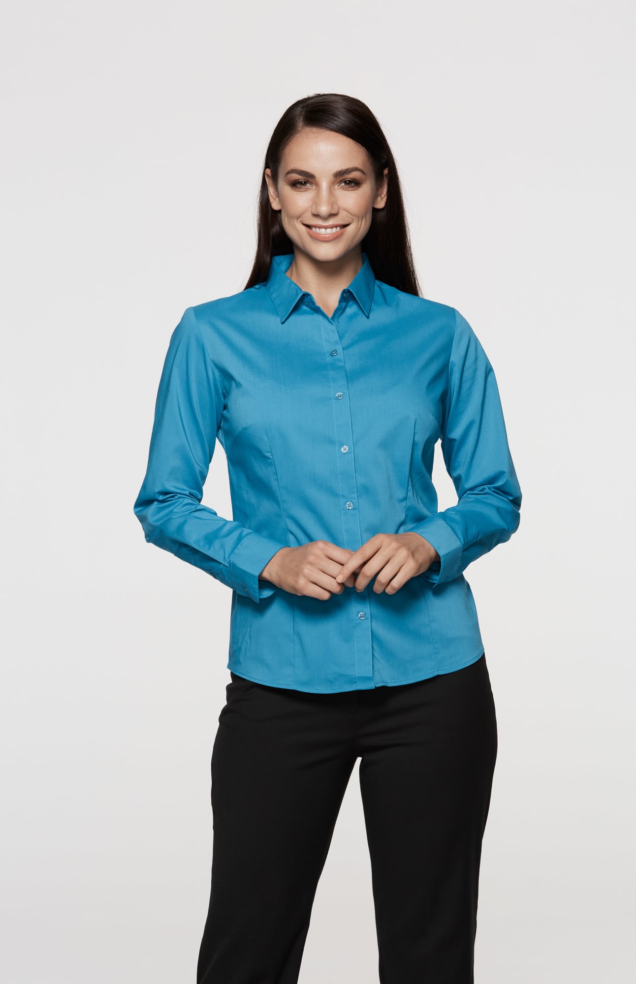 A long-sleeve button-up shirt in vibrant teal, featuring a classic collar and a logo on the chest. MOSMAN LADY SHIRT LONG SLEEVE - Image 1