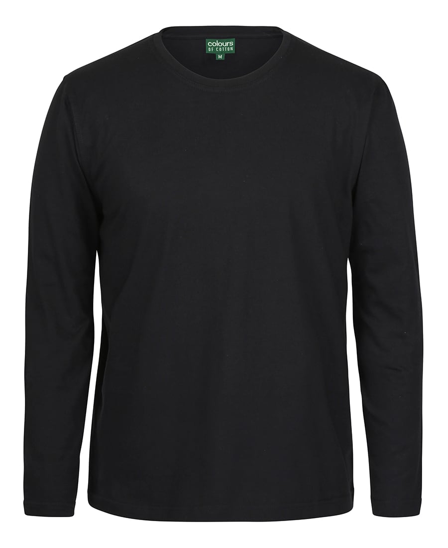 A black long-sleeve T-shirt with a round neck and a tag on the neckline, featuring a logo. JB's L/S Non Cuff Tee - Image 1