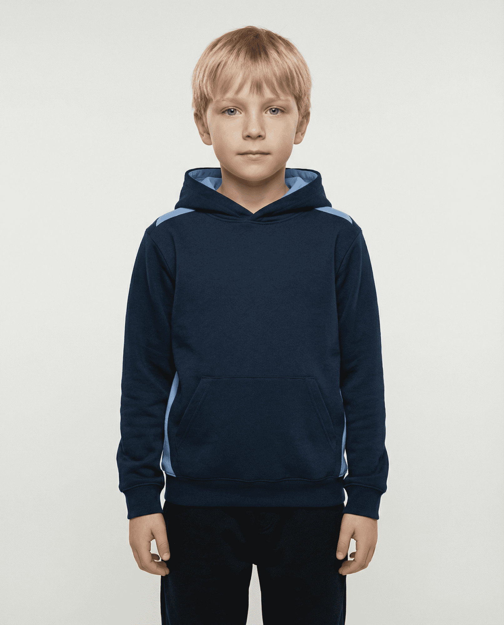 A navy blue hoodie for kids features a front pocket and a hood. It includes a logo on the upper chest area. PATERSON KIDS HOODIES - Image 1