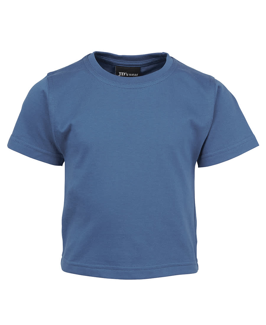 A blue infant t-shirt with short sleeves, featuring a logo inside the collar. JB's Infant Tee - Image 1