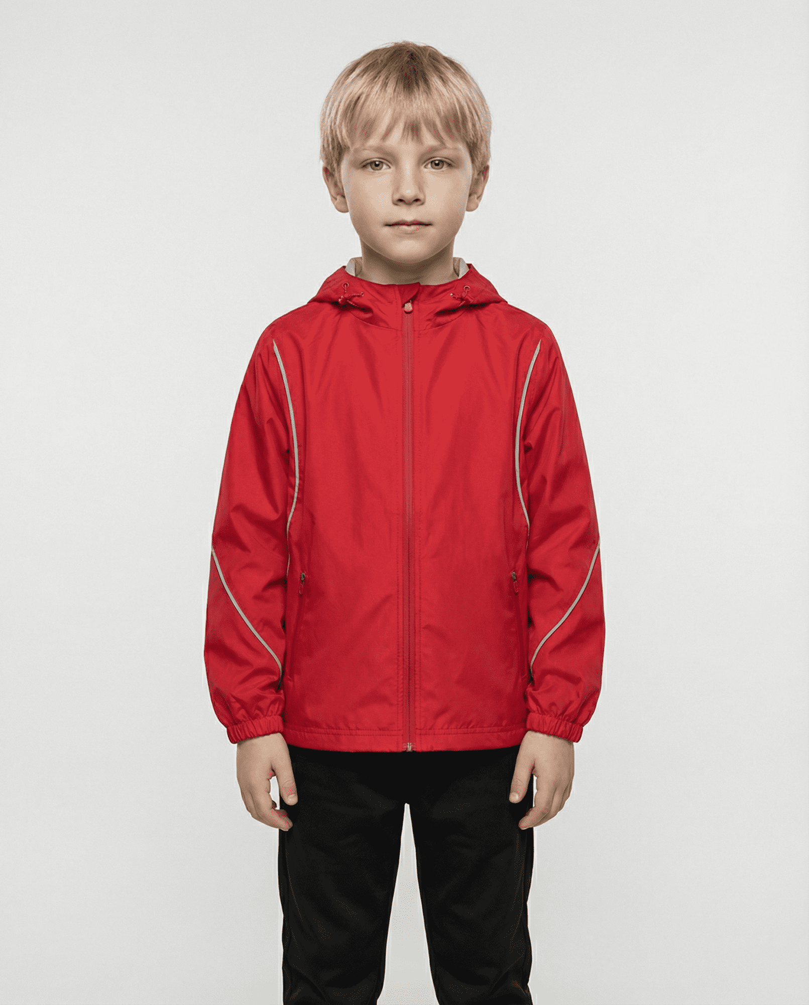 A red jacket with a hood, featuring reflective details, displayed on a child. The jacket includes a logo. BUFFALO KIDS JACKETS RUNOUT - Image 1