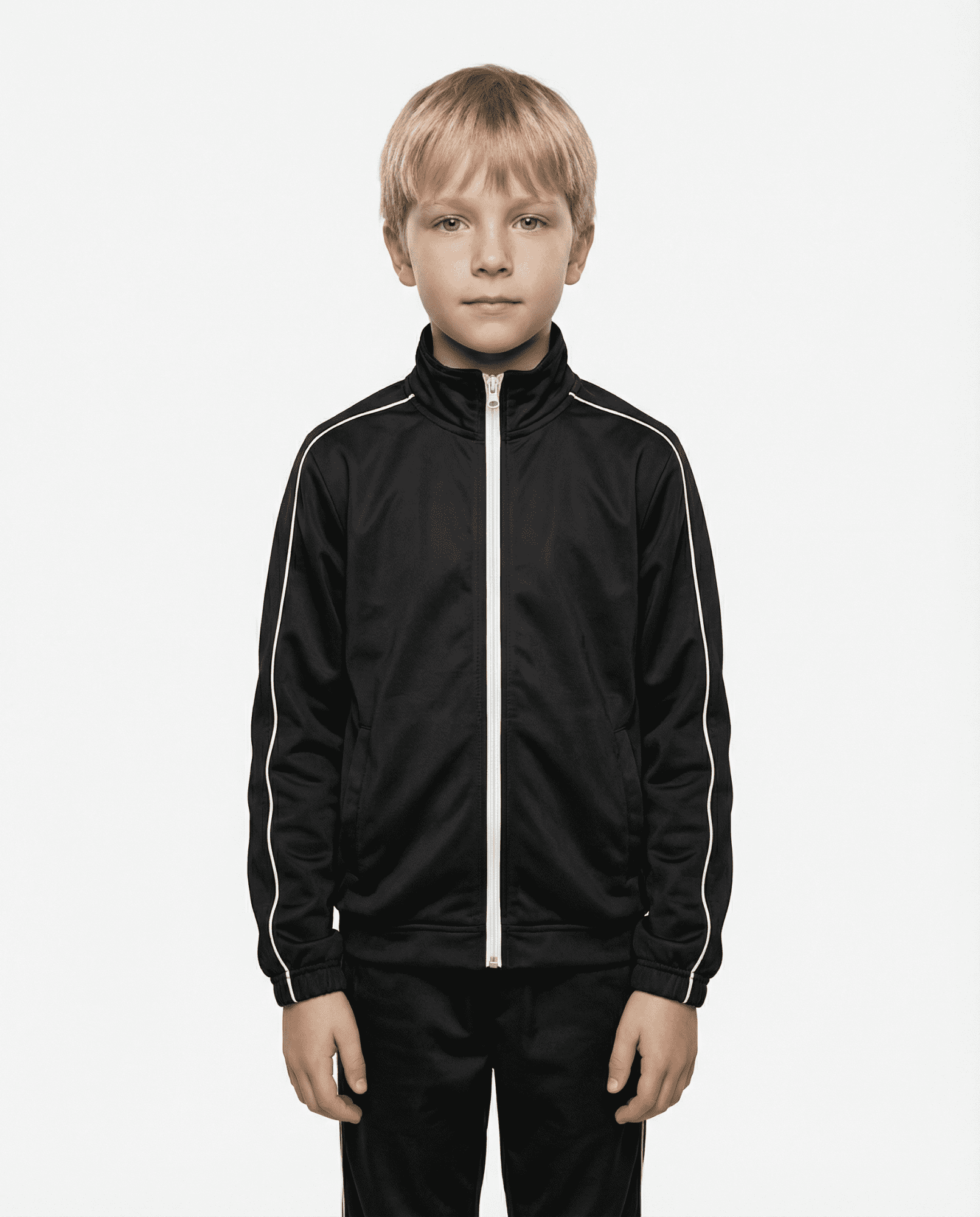 A black jacket featuring white stripes down the sleeves, designed for kids. It has a front zip closure and a collar. LIVERPOOL KIDS JACKETS RUNOUT - Image 1