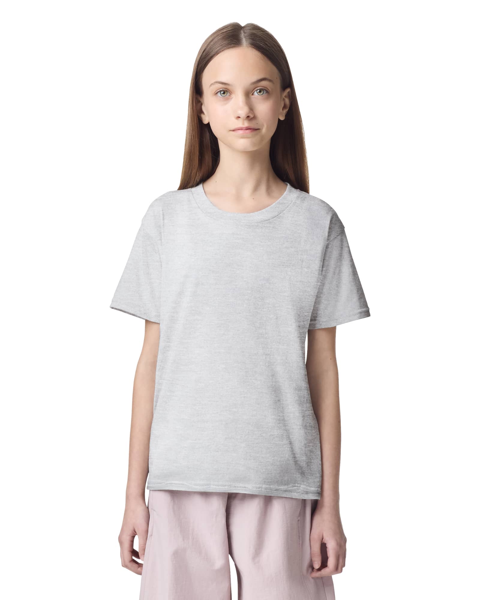 A grey youth t-shirt with a classic fit and short sleeves, featuring a small logo. American Apparel Fine Jersey Youth T-Shirt - Image 1