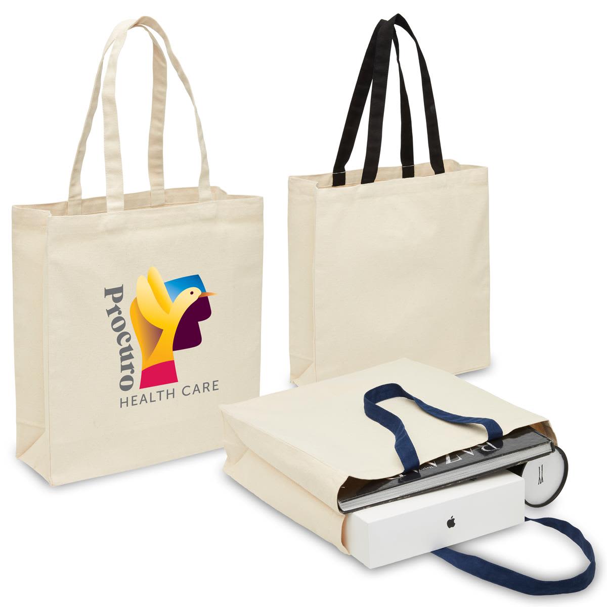A heavy-duty canvas tote in natural colour with black and blue handles, featuring a logo on one side. Heavy Duty Canvas Tote with Gusset - Image 1