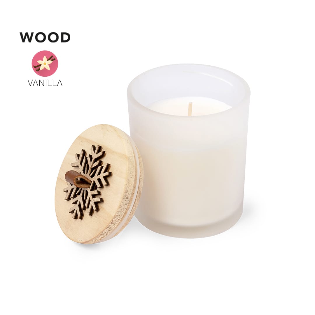 A frosted glass candle with a wooden lid featuring a snowflake design, containing a vanilla-scented wax. Lilnax Aromatic Candle - Image 1