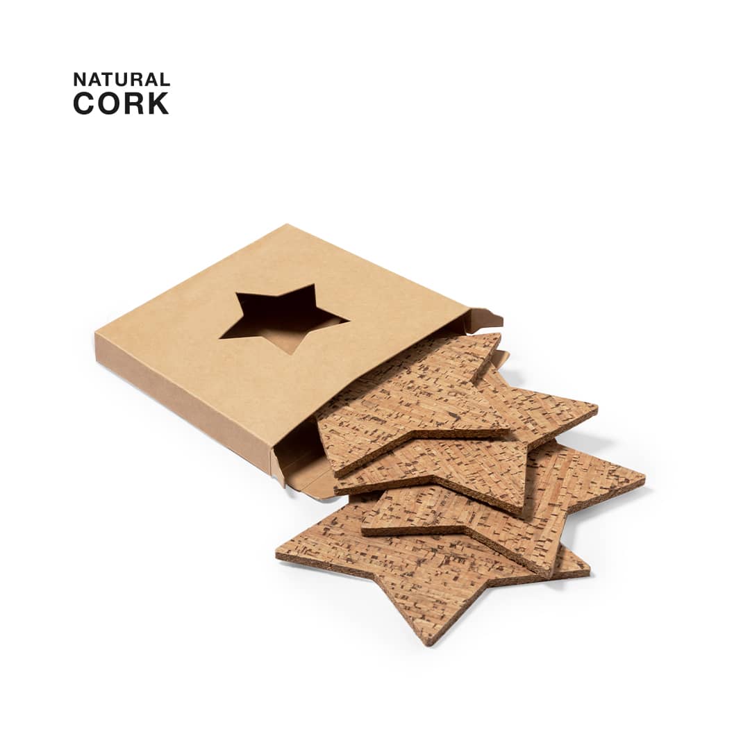 A set of star-shaped coasters made from natural cork, packaged in a kraft paper box with a star cutout. Danop - Image 1