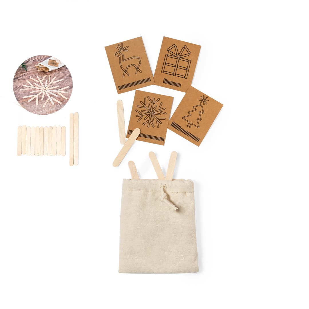 A set of wooden sticks and festive cards featuring designs like a snowflake, reindeer, and Christmas tree, in a canvas bag. Aleko Skill Game - Image 1