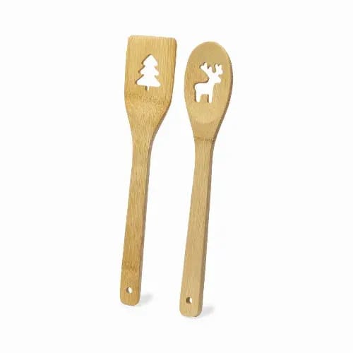 A set of two bamboo cooking spoons featuring cut-out designs of a tree and a reindeer. Hellen - Image 1