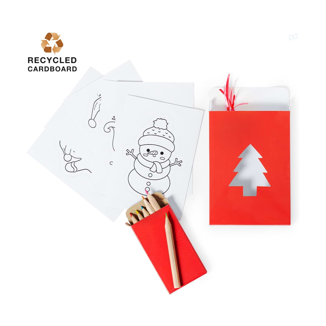 A red bag featuring a tree cutout, containing sheets with holiday-themed line art and a set of coloured pencils. Hilvira Set - Image 1