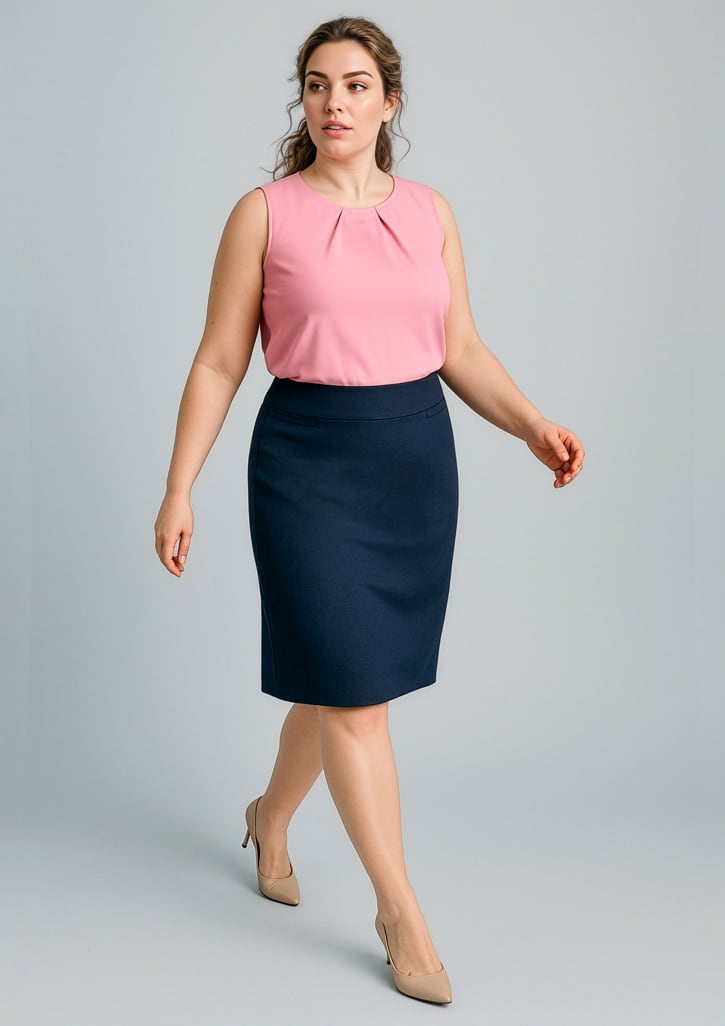 A woman in a pink top and navy lined skirt walks confidently, showcasing the relaxed fit of the skirt. Womens Cool Stretch Relaxed Fit Lined Skirt - Image 1