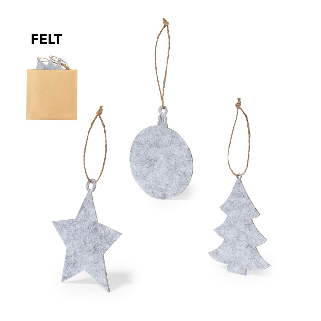 Three grey felt Christmas ornaments in star, circle, and tree shapes, each with a hanging string. A small brown bag is included. Chandun - Image 1