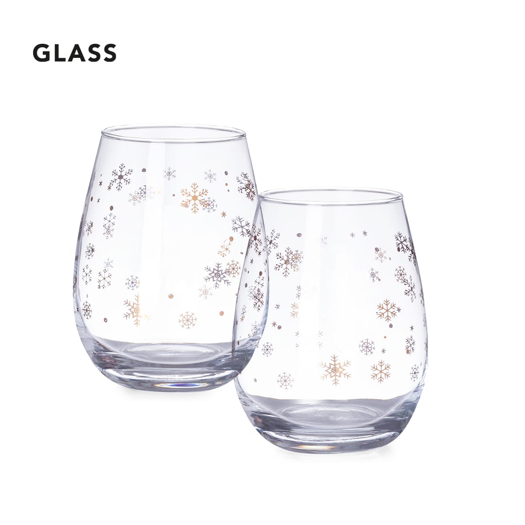 A set of two glass cups featuring a snowflake design in gold and silver on a clear background. Katnis Cups Set - Image 1