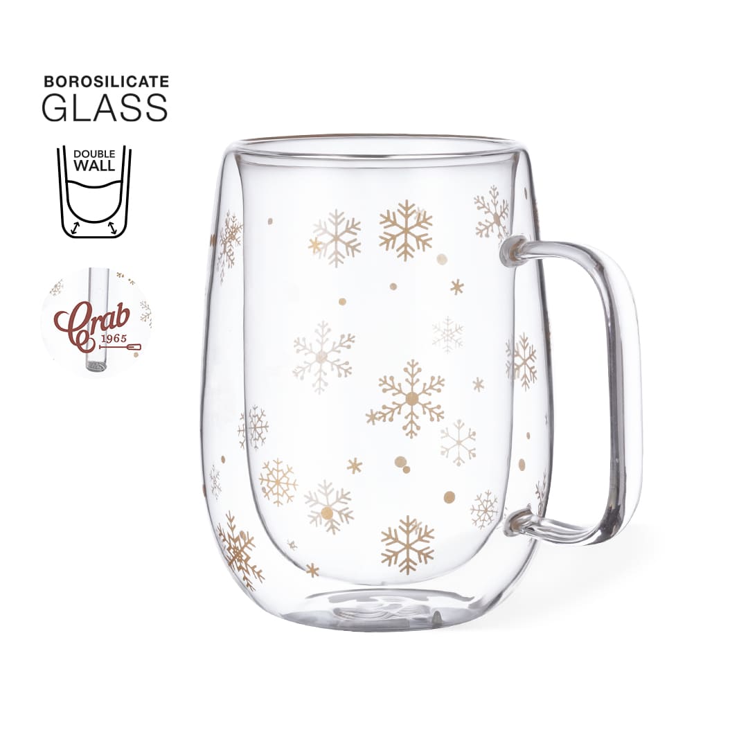 A clear borosilicate glass mug with a double wall and gold snowflake patterns, featuring a sturdy handle. Doglex Mug - Image 1