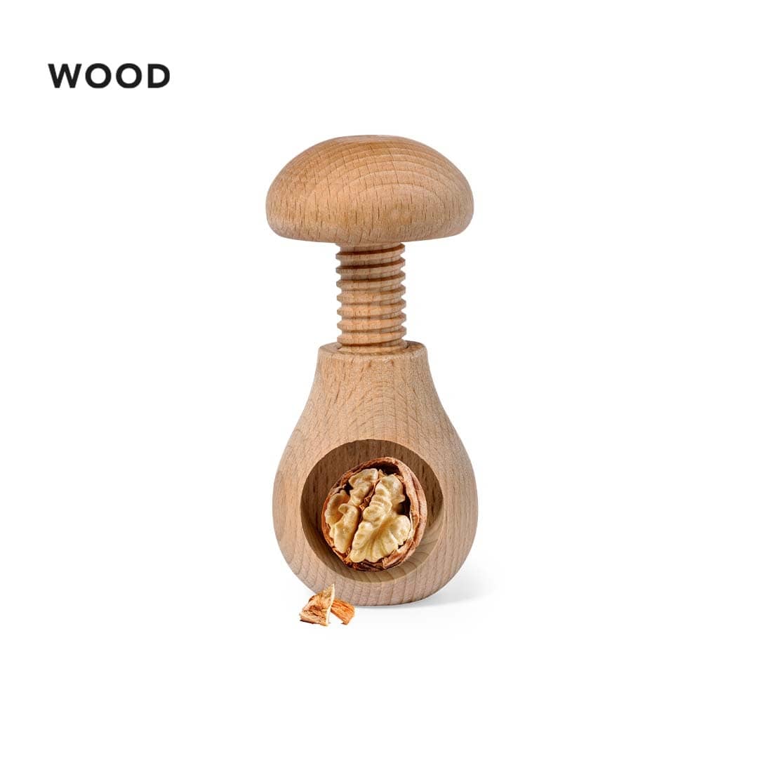 A wooden nutcracker in a mushroom design, featuring a light wood finish with a walnut inside. Blanch - Image 1