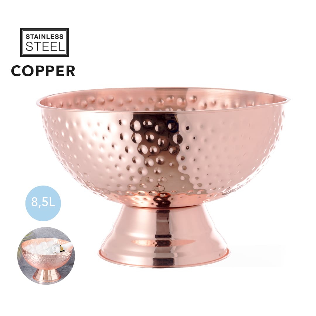A copper-coloured stainless steel champagne bucket with a hammered finish, featuring a wide bowl and a pedestal base. Larch Champagne Bucket - Image 1