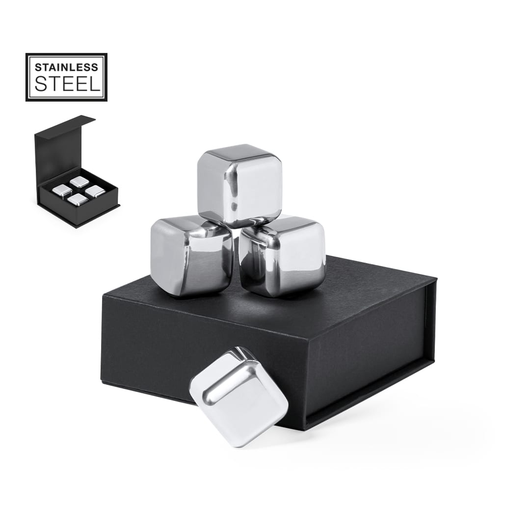 A set of stainless steel ice cubes in a sleek black box, featuring three shiny cubes stacked. Danny Set Stone Ice Cubes - Image 1