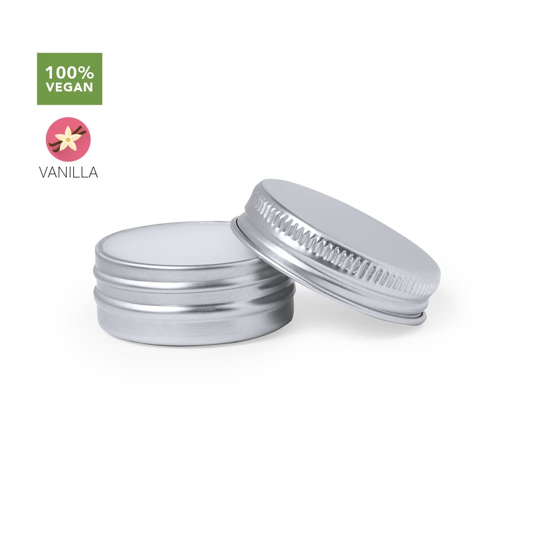 Two silver metal containers of lip balm with a smooth white surface, featuring one with a screw-on lid. Maltix Vegan Lip Balm - Image 1