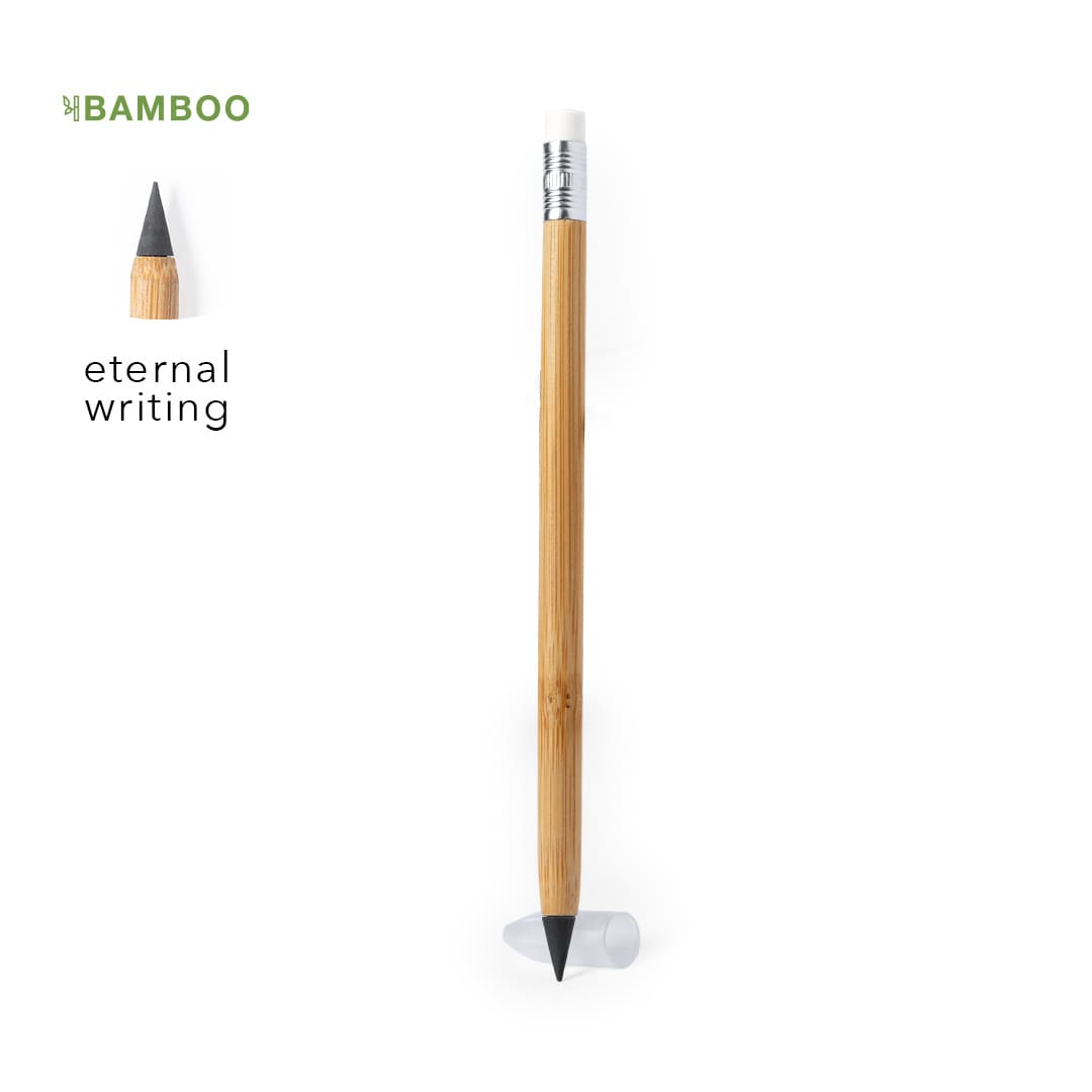 A grey-lead pencil made from bamboo with a pointed tip and a rubber end, featuring a logo. Billy Eternal Pencil - Image 1