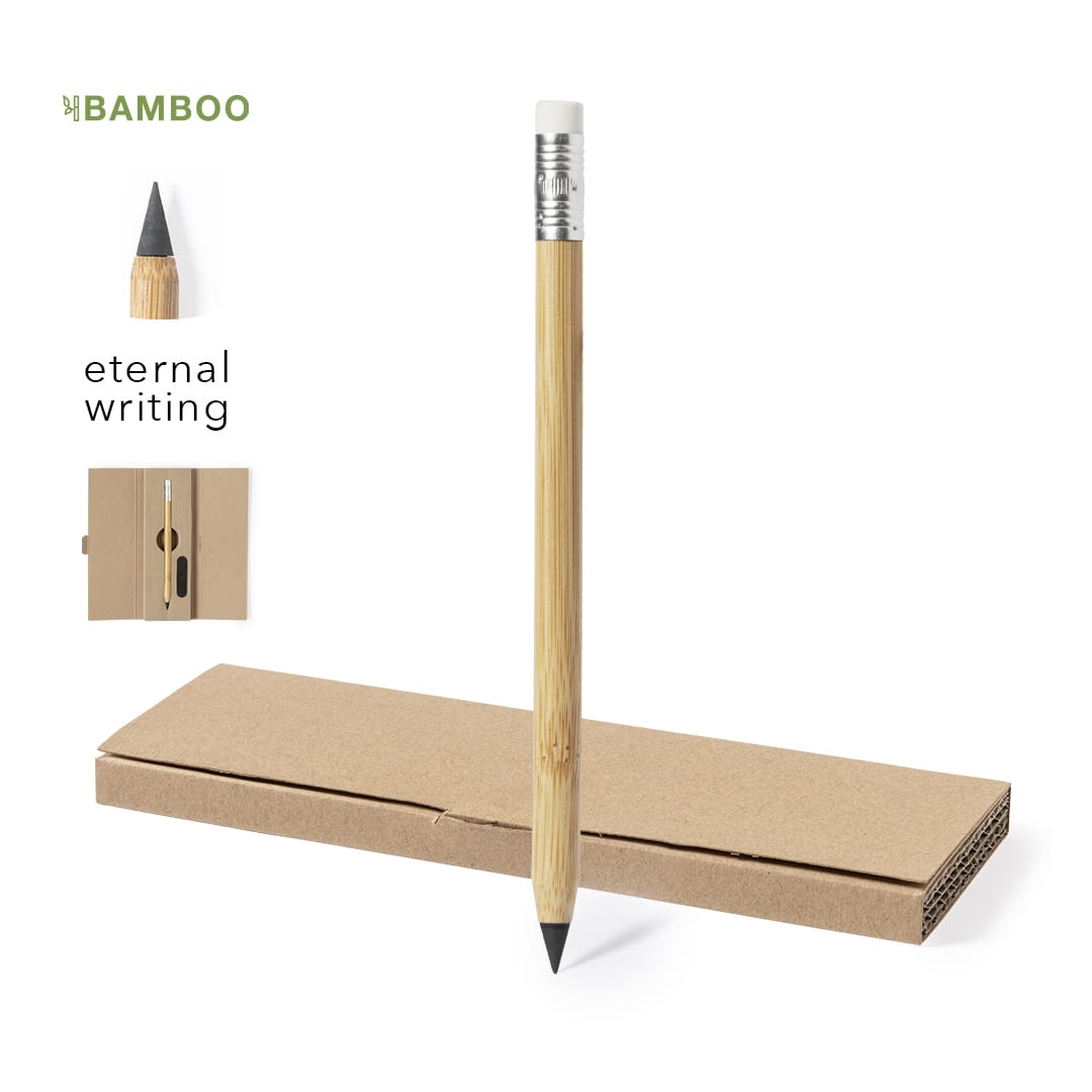 A bamboo pencil with a grey lead tip, presented with a cardboard packaging. Features a logo. Seryi Eternal Pencil - Image 1
