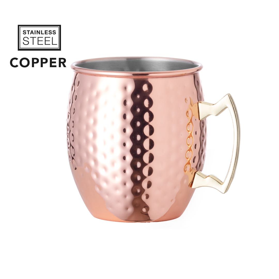 A drink bottle made of hammered copper stainless steel with a gold handle. It has a smooth interior finish. Indya - Image 1