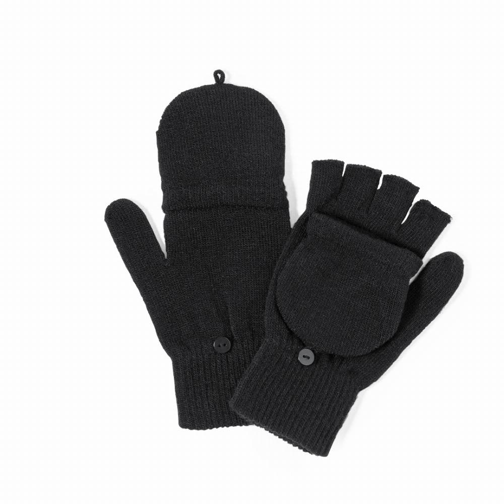 A pair of black gloves featuring fingerless design with a flap cover and buttons. The material appears warm and knitted. Fruwel - Image 1