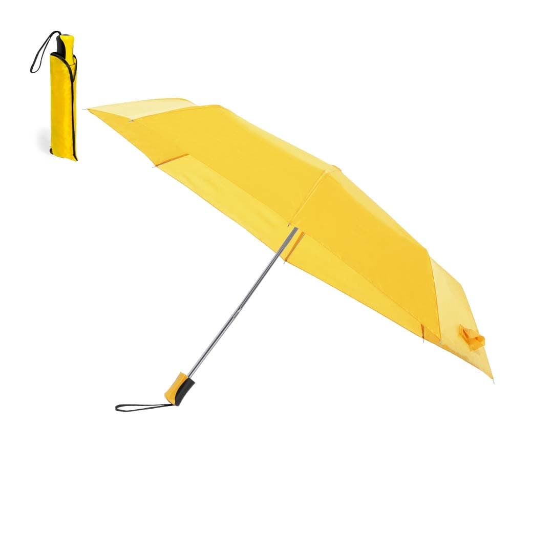 A yellow umbrella displayed open beside its matching storage sleeve. The umbrella features a sleek design and a handle. Sandy - Image 1