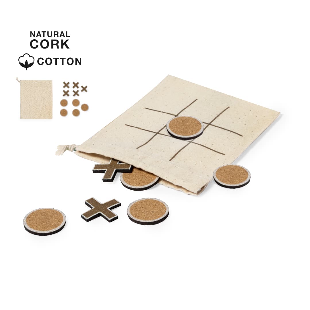 A natural cotton pouch containing cork game pieces for tic-tac-toe, featuring black and brown markers. Fornot Game - Image 1