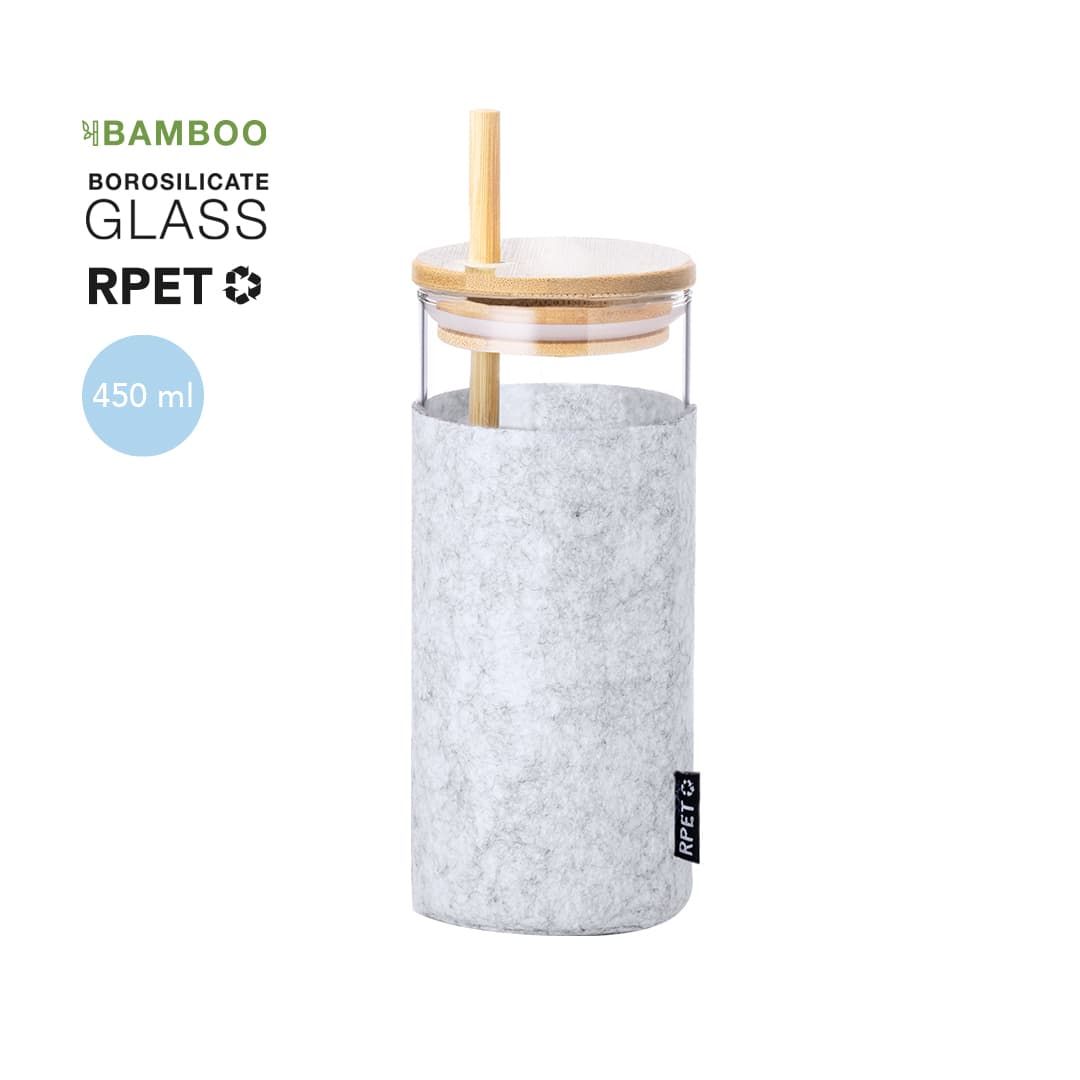 A drink bottle made of clear glass with a bamboo lid, grey felt sleeve, and a straw, holding 450 ml. Zilber - Image 1