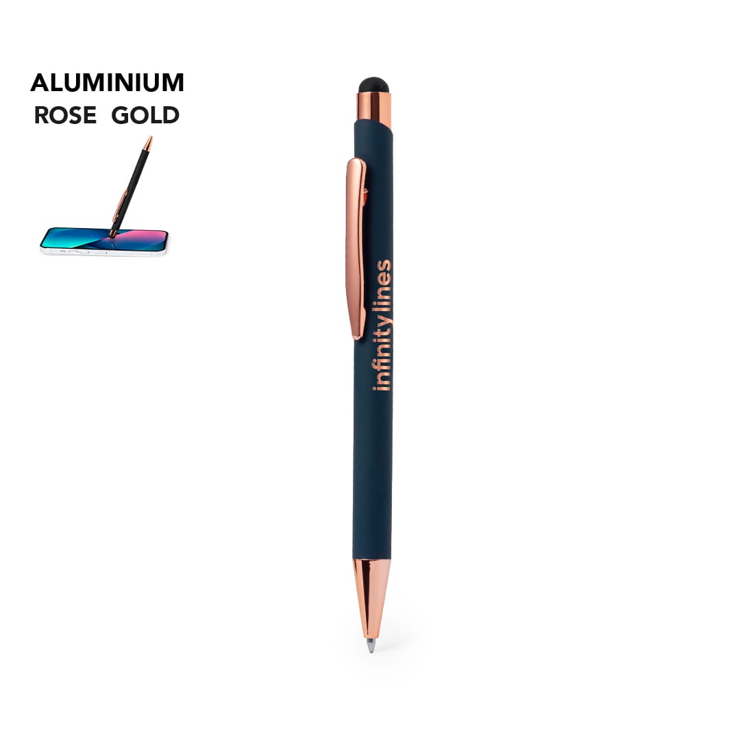 A rose gold and navy stylus touch ball pen with a logo, featuring a soft tip for touchscreen use. Taulf Stylus Touch Ball Pen - Image 1