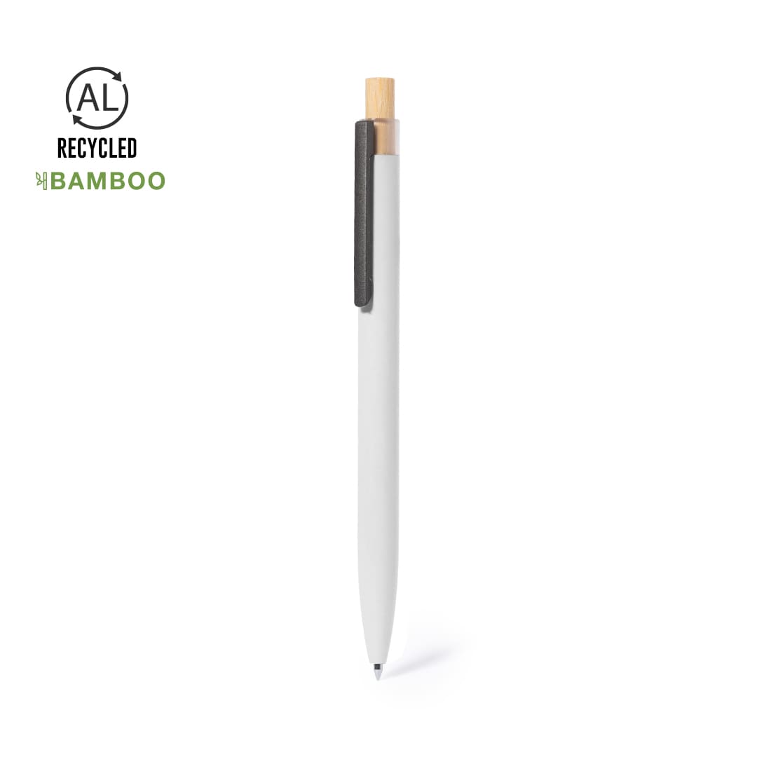 A metal pen with a white barrel, bamboo clip, and recycled materials, featuring a logo on the barrel. Adam Pen - Image 1