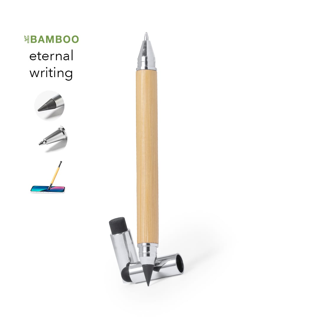 A bamboo pen with chrome accents, featuring a sleek design and a cap, available with a branded logo. Zack Eternal Pencil Pen - Image 1