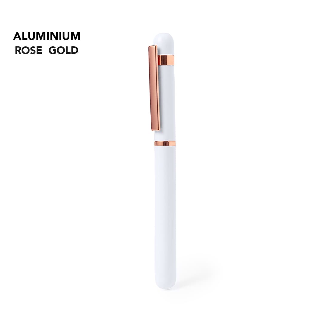 A pen with a white body and rose gold accents, featuring a sleek design and a clip for convenience. Kasey - Image 1