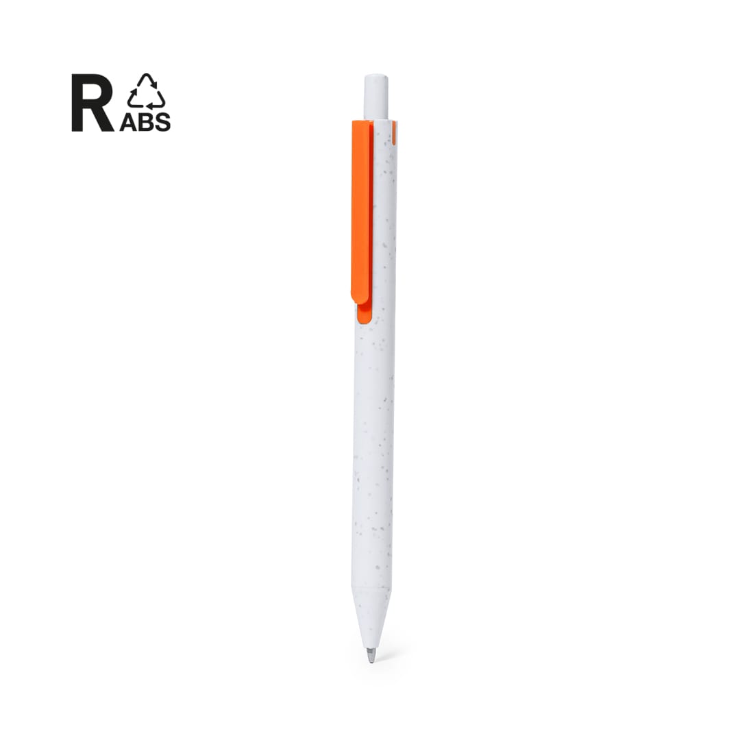 A white plastic pen with an orange clip, featuring a logo on its surface. Budox Pen - Image 1
