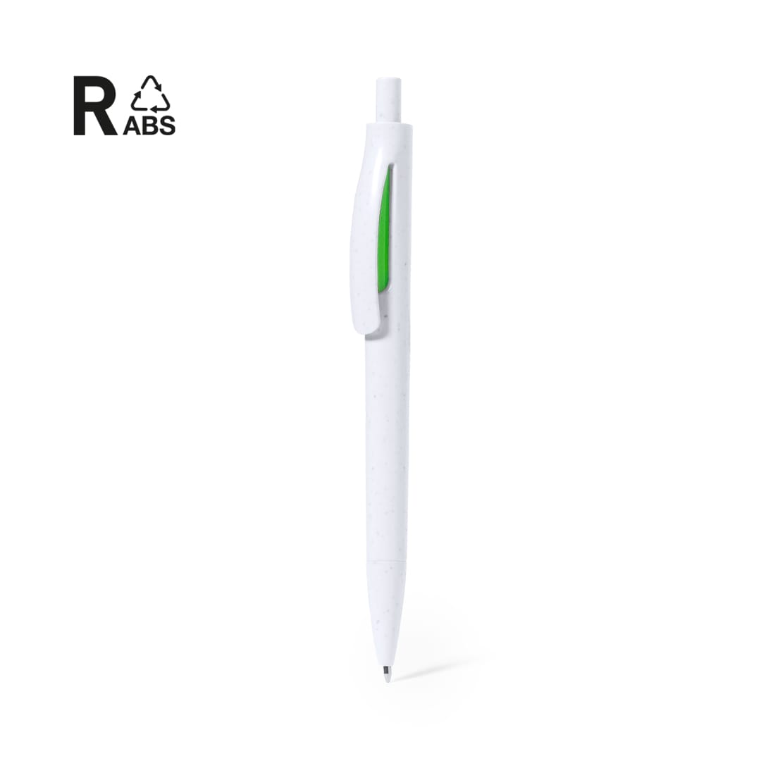 A white plastic pen with a green clip and a logo on the side. Caleb Pen - Image 1