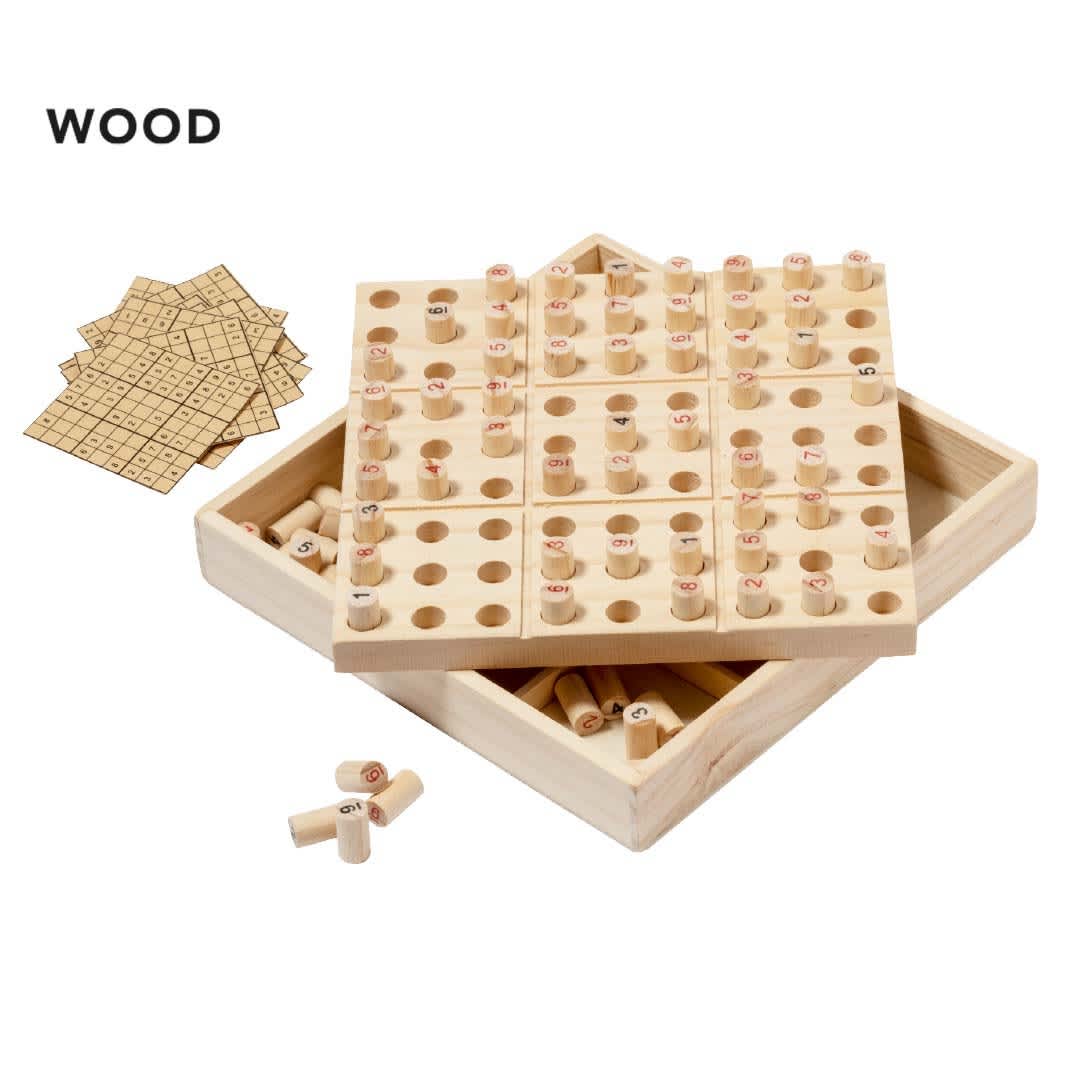 A wooden Sudoku skill game with a square board, numbered pegs, and a storage box, featuring a light timber finish. Sudoku Skill Game - Image 1