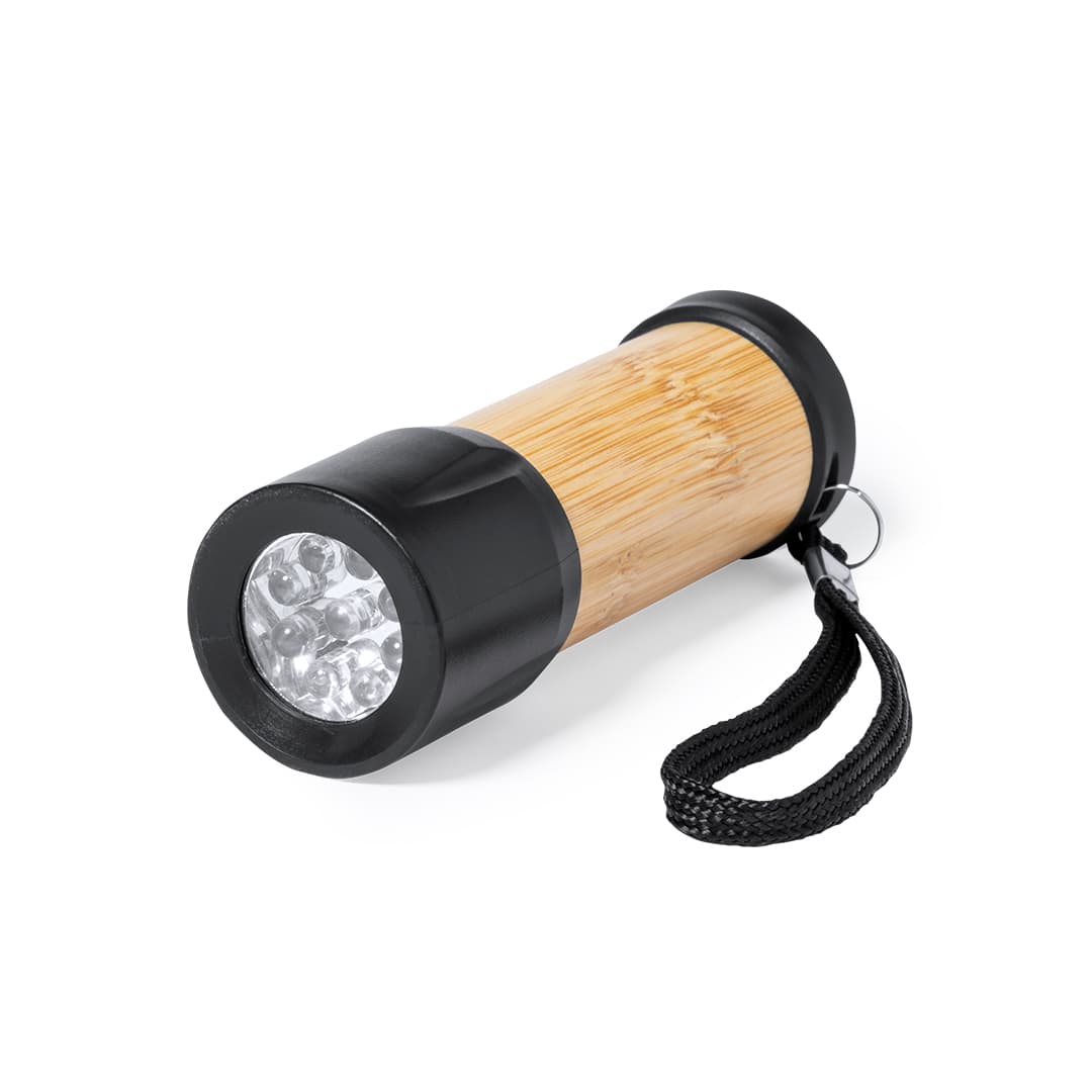A bamboo torch with a black end and a wrist strap, featuring multiple LED lights for illumination. Freddie Torch - Image 1