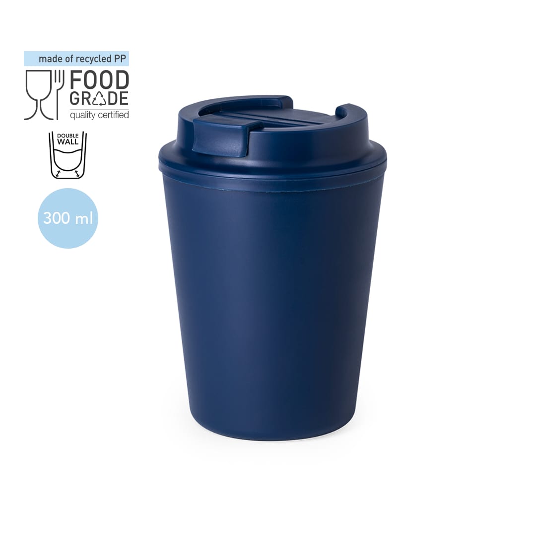 A navy blue insulated cup with a double wall design and a secure lid. Features a branding logo. Holwe Insulated Cup - Image 1