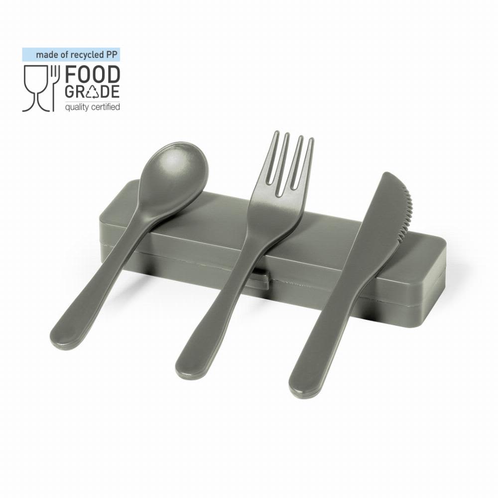 A set of grey cutlery including a spoon, fork, and knife, all housed in a matching case. Florax - Image 1