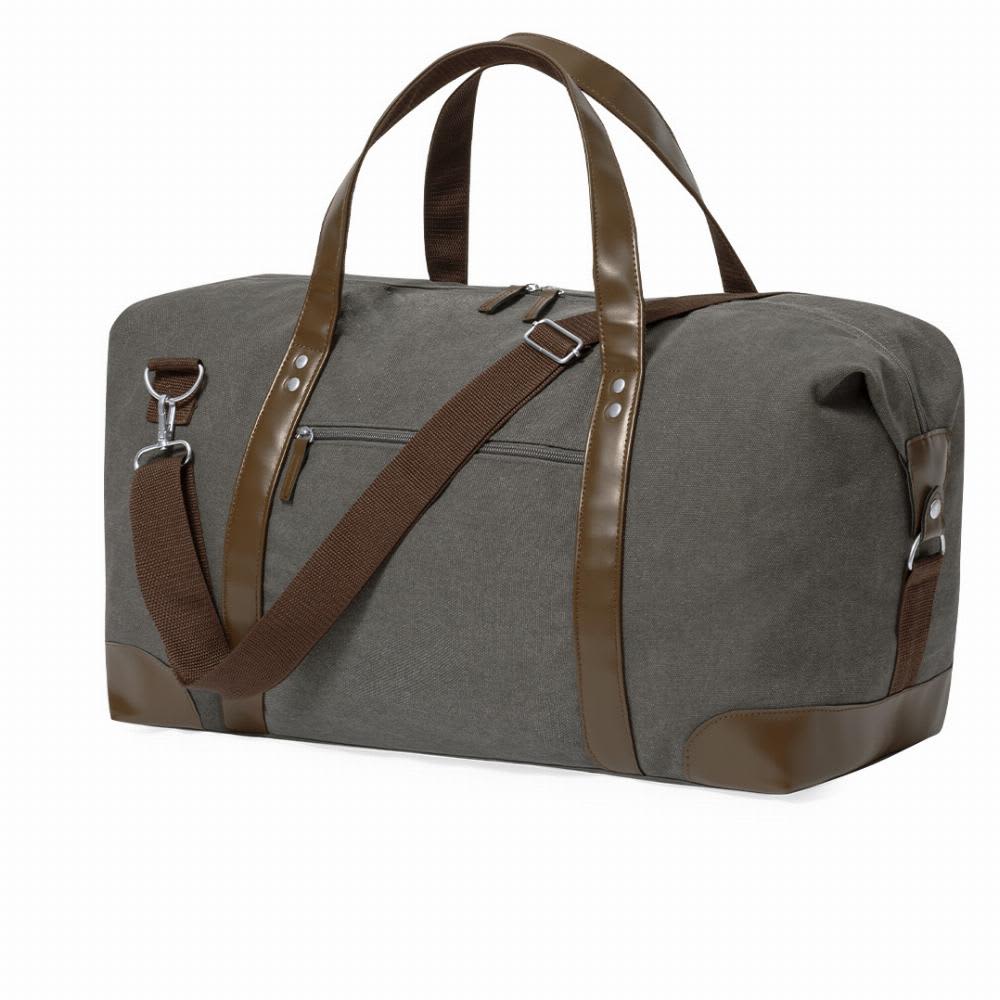 A grey duffel bag with brown leather accents and handles, featuring a zippered pocket on the front. Sharyl - Image 1